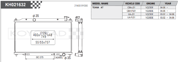 Koyorad: Alloy Radiator: NISSAN Teana VQ23DE/VQ35DE