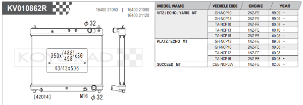 Koyorad: Alloy Radiator: Toyota Yaris 1.3 Manual 1NZ-FE ‘99- 36mm Core Wider Fin Pitch