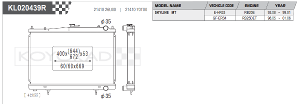 Koyorad: Alloy Radiator: Nissan Skyline MTM ER34 RB25DET 53mm Core Wider Fin Pitch