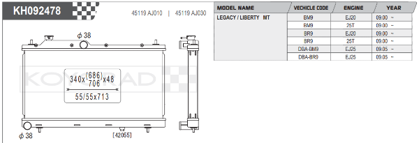 Koyorad: Alloy Radiator: Rad. Legacy 2.0 / 2.5 Man. 05/09-