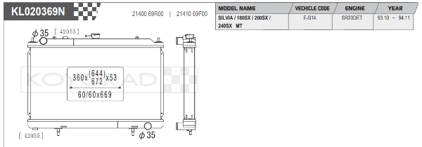 Koyorad: Alloy Radiator: Nissan Silvia S14 SR20DET 53mm Core N Flow